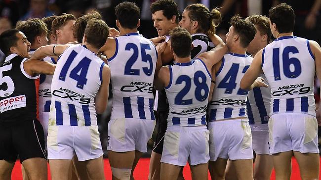 St Kilda and North Melbourne players wrestle last year. Picture: AAP Images