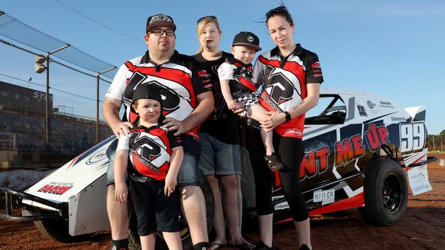 Sprint car racing family Brodie Vassall, 4, with dad Daniel Vassal, Alisha Vassall and Loren Vassals with her son Nate Jones, 3. Picture: Jonathan Ng