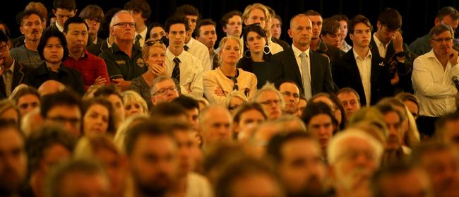 Parents packed into a Trinity Grammar school community meeting at Hawthorn town hall. Picture: Stuart McEvoy/The Australian