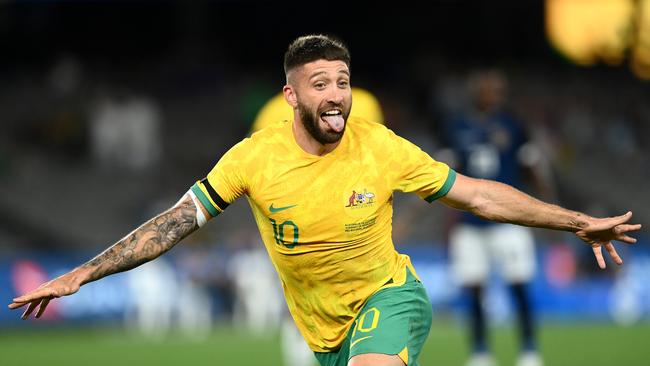 Brandon Borrello celebrates after scoring for the Socceroos at Marvel Stadium. Picture: Quinn Rooney/Getty Images