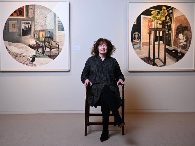 Sydney-based artist Cressida Campbell is photographed with some of her recent work at the Philip Bacon Galleries in Brisbane, July 30, 2022. Cressida's work have become hotly contested at the country's biggest auction houses. Picture: Dan Peled