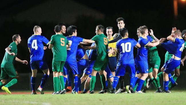 Heat and Thunders players comes to blows in final round of the 2016 NPL Queensland season at Barlow Park. PICTURE: JUSTIN BRIERTY