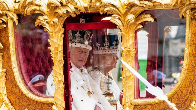 King Charles III and Queen Camilla in Gold State Coach. Picture: Jane Barlow / POOL / AFP