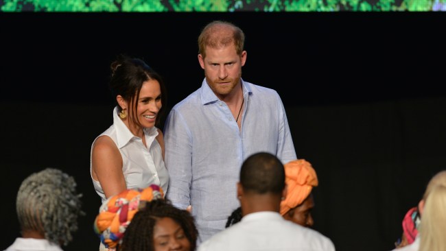 Prince Harry Meghan Markle are seen at the Afro Women and Power Forum at the Municipal Theater of Calid during a visit to Colombia. Picture: Gabriel Aponte/Getty Images