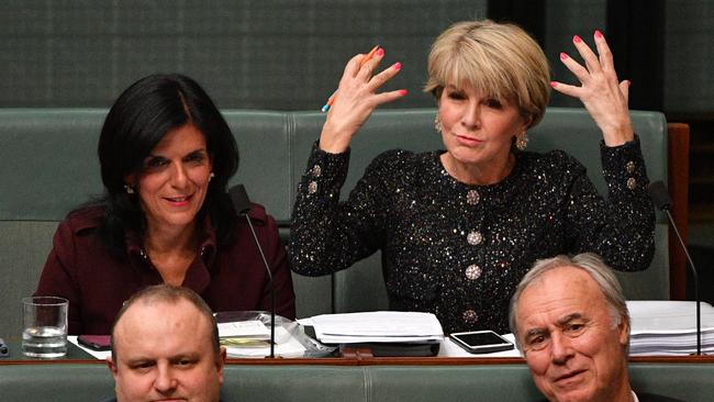 Liberal member for Chisholm Julia Banks and former Liberal deputy leader Julie Bishop reacts to a question from the opposition about Peter Dutton's eligibility during Question Time in the House of Representatives at Parliament House in Canberra, Thursday, September 13, 2018. Picture: AAP