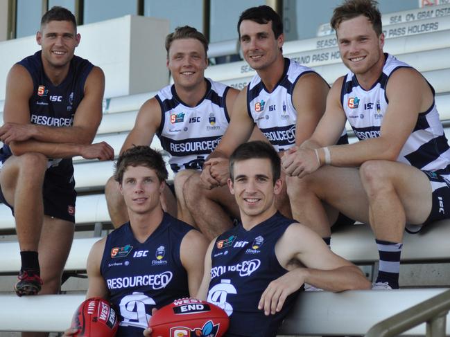 South Adelaide 2019 co-captains Matt Rose (front left) with Joel Cross (right) and the leadership group. Picture - Supplied