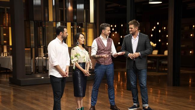 Curtis Stone on the set of MasterChef Australia: Back To Win with the judges Andy Allen, Melissa Leong and Jock Zonfrillo. Picture: Channel 10/Supplied