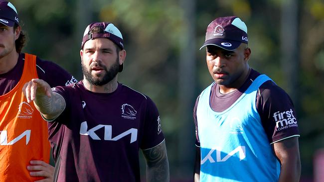 Adam Reynolds (left) and Ezra Mam (right) participate in NRL Broncos training at Clive Berghofer Centre in Brisbane, Tuesday, January 7, 2025. (AAP Image/Pat Hoelscher)