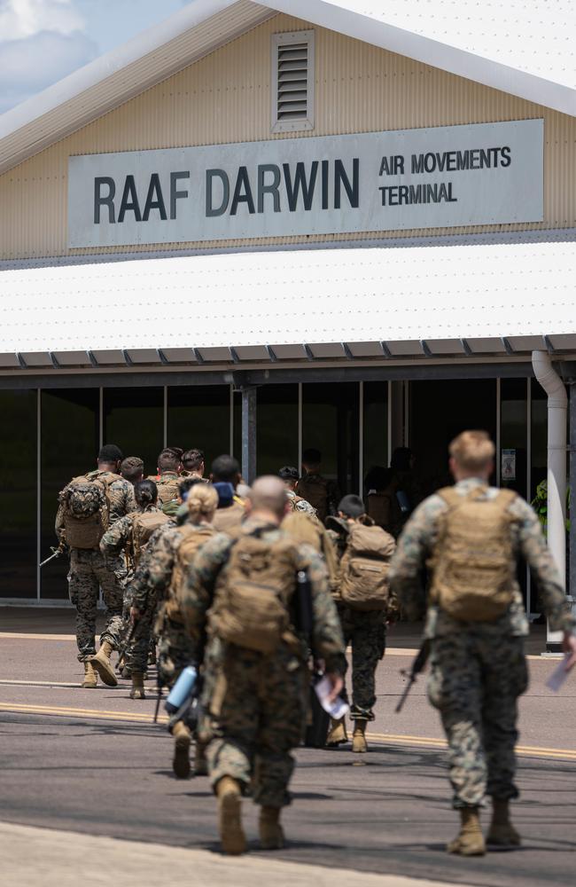 Members of the United States Marine Corps arrive at RAAF Base Darwin as part of the 12th iteration of the Marine Rotational Force Darwin.