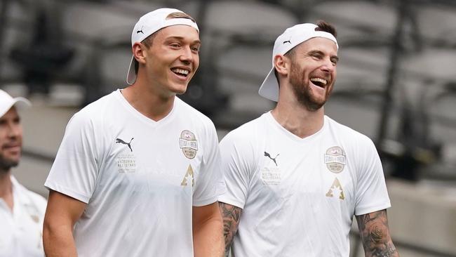 Jeremy Howe, right, with Carlton star Patrick Cripps ahead of the Bushfire Relief match. Picture: Scott Barbour/AAP