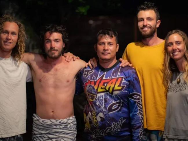 Jordan Short, Will Teagle,  missing person  Yustinus Sega, Elliot Foote and Steph Weisse in a picture posted on gofundme.  Authorities continue to scour the waters near the Banyak Islands for Fifan Marongo, who is the lone crew still unaccounted for after six people were dramatically rescued on Tuesday.. https://www.gofundme.com/f/lost-at-sea-help-us-help-a-community