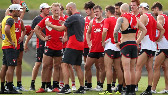 Swans development coach Tadhg Kennelly talks to players during a Sydney Swans pre-season training session. Picture: Cameron Spencer/Getty Images