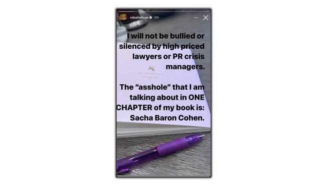 In an Instagram story posted on Monday, Wilson, 44, named Baron Cohen, 52, as the star allegedly trying to stop the publication of her upcoming memoir, “Rebel Rising.”