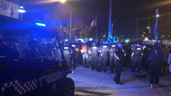 ‘STOLENWEALTH’ Games indigenous protesters at Carrara Stadium for the Commonwealth Games Opening Ceremony. Picture: Britt Ramsey