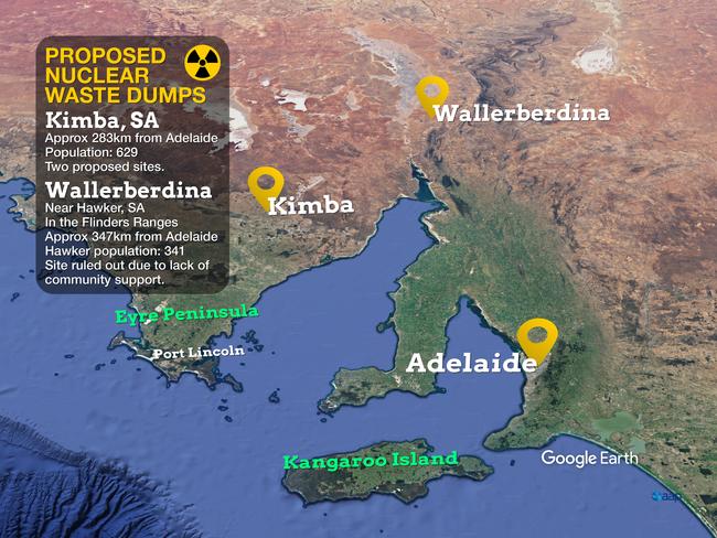 Two sites are proposed for a nuclear waste dump near Kimba, on the Eyre Peninsula with another site in the Flinders Ranges being ruled out.