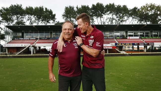 Manly Sea Eagles NRL club legends Steve Menzies and Cliff Lyons are about to be immortalised on the grandstand at 4Pines Park. Picture: Richard Dobson