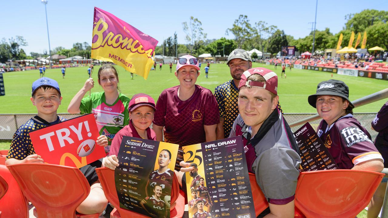 At the NRL Pre-Season Challenge game between Broncos and Titans are (from left) Jackson Burgiss, Porscha Ballard, Carter Burgiss, Emma Shields, Nicholas Wisbey, Kaidyn Ballard and Brodie Burgiss at Toowoomba Sports Ground, Sunday, February 16, 2025. Picture: Kevin Farmer