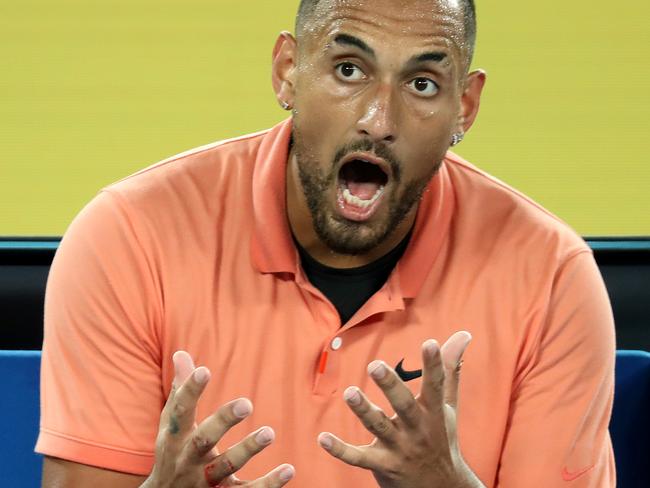 MELBOURNE, AUSTRALIA - JANUARY 27: Nick Kyrgios of Australia reacts during his Men's Singles fourth round match against Rafael Nadal of Spain on day eight of the 2020 Australian Open at Melbourne Park on January 27, 2020 in Melbourne, Australia. (Photo by Mark Kolbe/Getty Images)