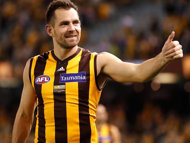 Luke Hodge of the Hawks celebrates during the 2017 AFL round 23