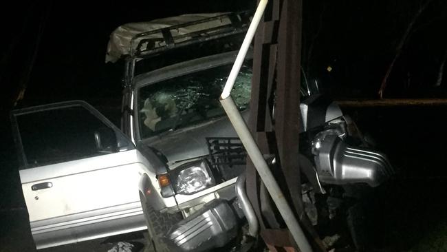 An unregistered Pajero crashed into a power pole in Fannie Bay on Wednesday night, cutting electricity to the area. PICTURE: NT Police