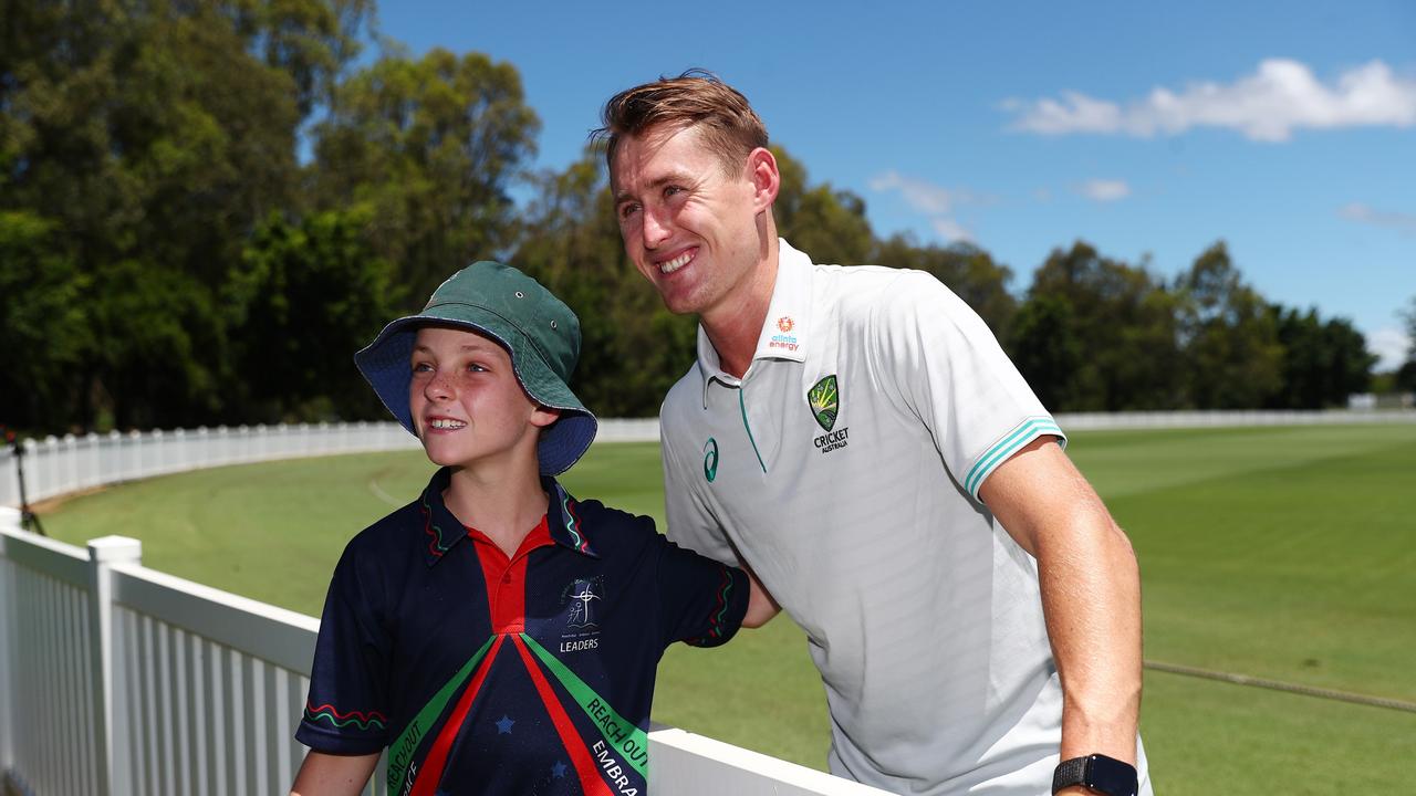 Marnus Labuschagne greets a young fan during an Australian Test squad practice session at Redlands. Picture: Chris Hyde / Getty Images