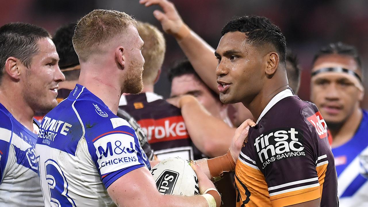 Luke Thompson and Tevita Pangai Jr had a heated battle in 2020. NOw they ar eteammates at the Bulldogs. Picture: Albert Perez/Getty Images