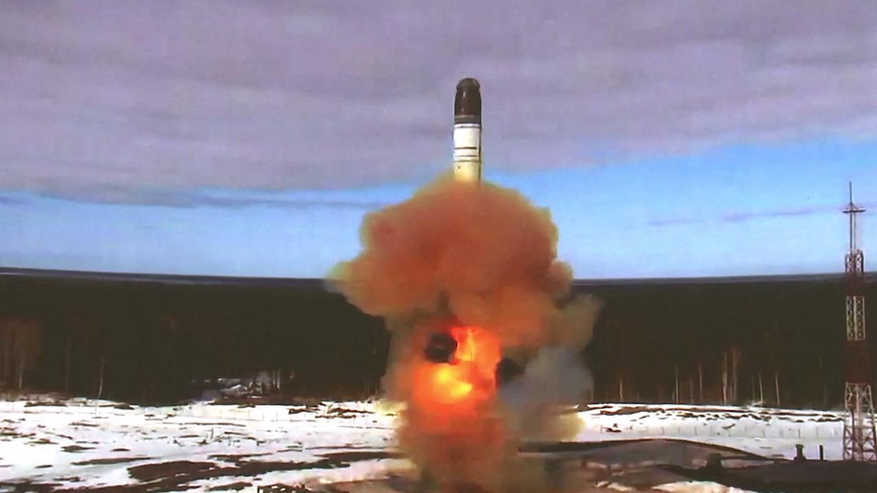 Grab from a video of the launch of the Sarmat intercontinental ballistic missile at Plesetsk testing field, Russia. Picture: Supplied / Russian Defence Ministry / AFP