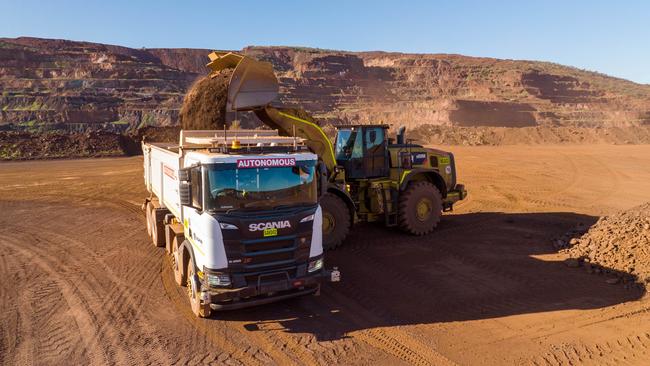 A Scania autonomous haulage truck on trial at Rio Tinto’s Channar iron ore mine in the Pilbara.