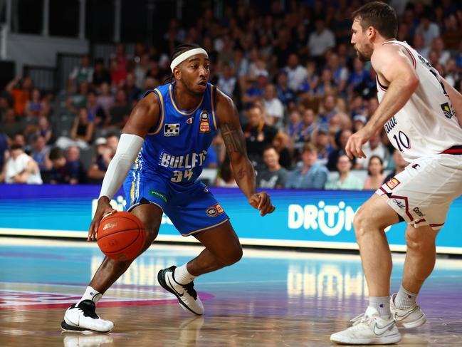 Chris Smith of the Bullets shoots during the round 19 NBL match between Brisbane Bullets and Adelaide 36ers at Nissan Arena on February 09, 2024 in Brisbane, Australia. (Photo by Chris Hyde/Getty Images)