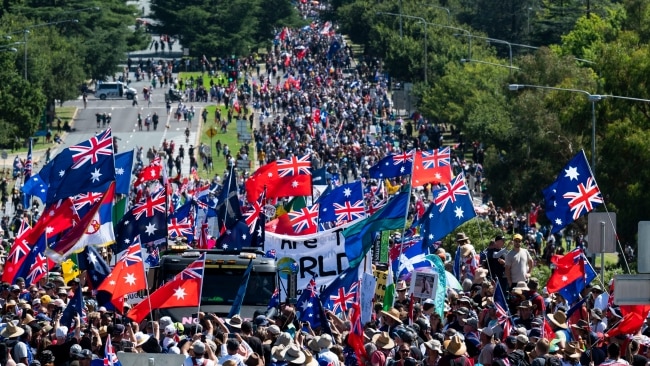 Canberrans have been warned of chaos and traffic delays again on Saturday as thousands of protesters gathered in the nation’s capital over coronavirus restrictions and vaccine mandates. Picture : NCA NewsWire / Martin Ollman