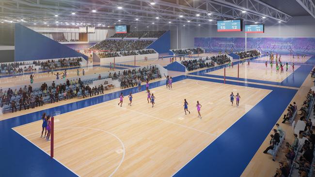 Artist impressions of the planned $92m SA Netball Centre at Mile End.