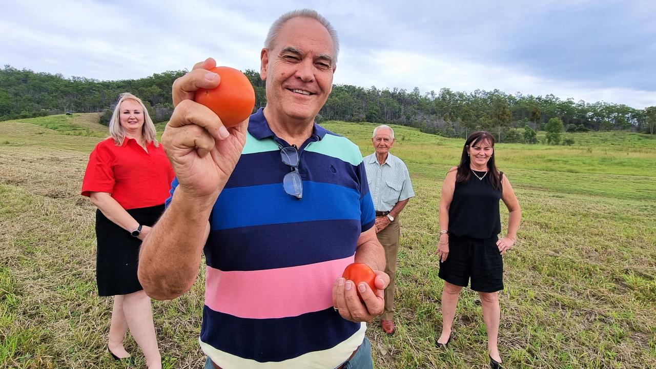 AUSTRALIA FIRST: Standing on the site of an upcoming $80m fresh produce processing facility at Withcott are (from left) Lockyer Fruit and Vegetable Ltd Cooperative managing director Cheryl Bromage, Lockyer Valley Fruit and Vegetable Food Processing Company CEO Colin Dorber, retired farmer and company investor Ivan Peters and co-operative director Marie King.