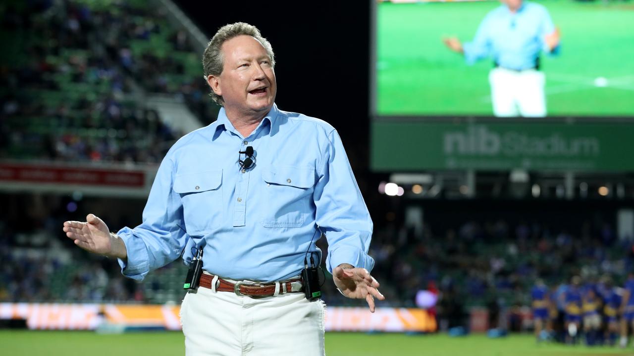 Andrew Forrest speaks before a World Series Rugby match in Perth.