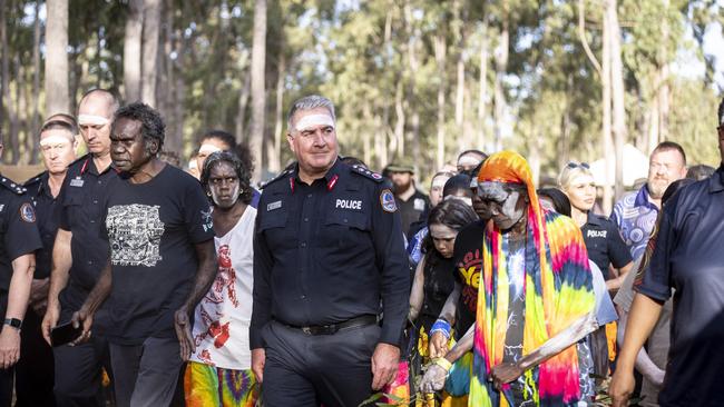 NT Police Commissioner Michael Murphy delivers an apology to First Nations people at Garma. He pledges to eliminate racism and is determined to improve relations between police and First Nations people. Picture: Teagan Glenane / YYF