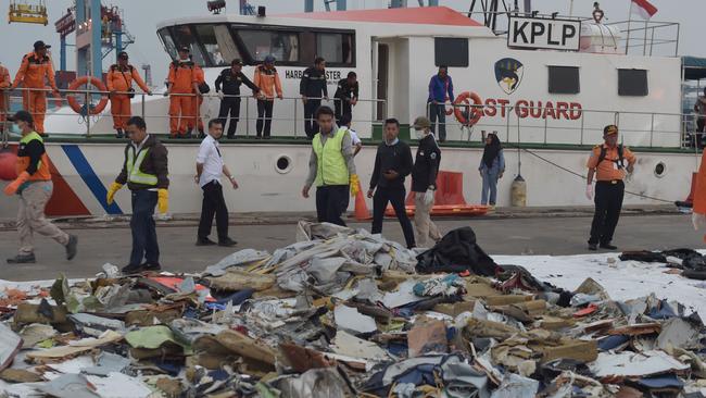 Debris of the ill-fated Lion Air flight JT 610 at the Tanjung Priok Jakarta port in Indonesia last year. The plane was also a Boeing 737 MAX 8 jet. Picture: Adek Berry/AFP