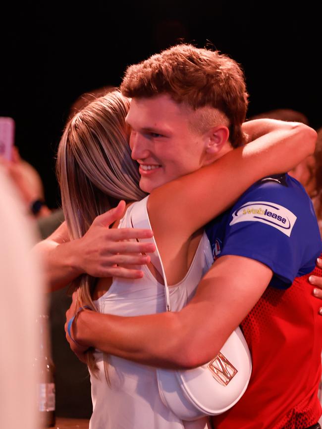 Zane Duursma celebrates with family and friends after being selected in the AFL national draft by North Melbourne. Picture: Dylan Burns