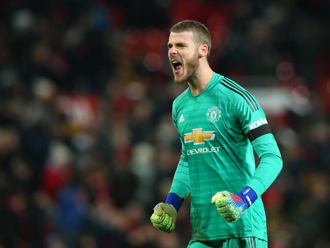 MANCHESTER, ENGLAND - JANUARY 29: David De Gea of Manchester United celebrates his sides second goal during the Premier League match between Manchester United and Burnley at Old Trafford on January 29, 2019 in Manchester, United Kingdom.  (Photo by Alex Livesey/Getty Images)