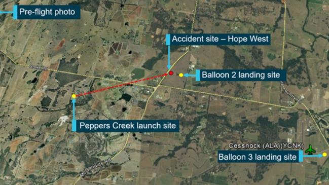 Map of the launch and landing sites the day a balloon collided with trees and landed heavily injuring passengers Credit: ATSB