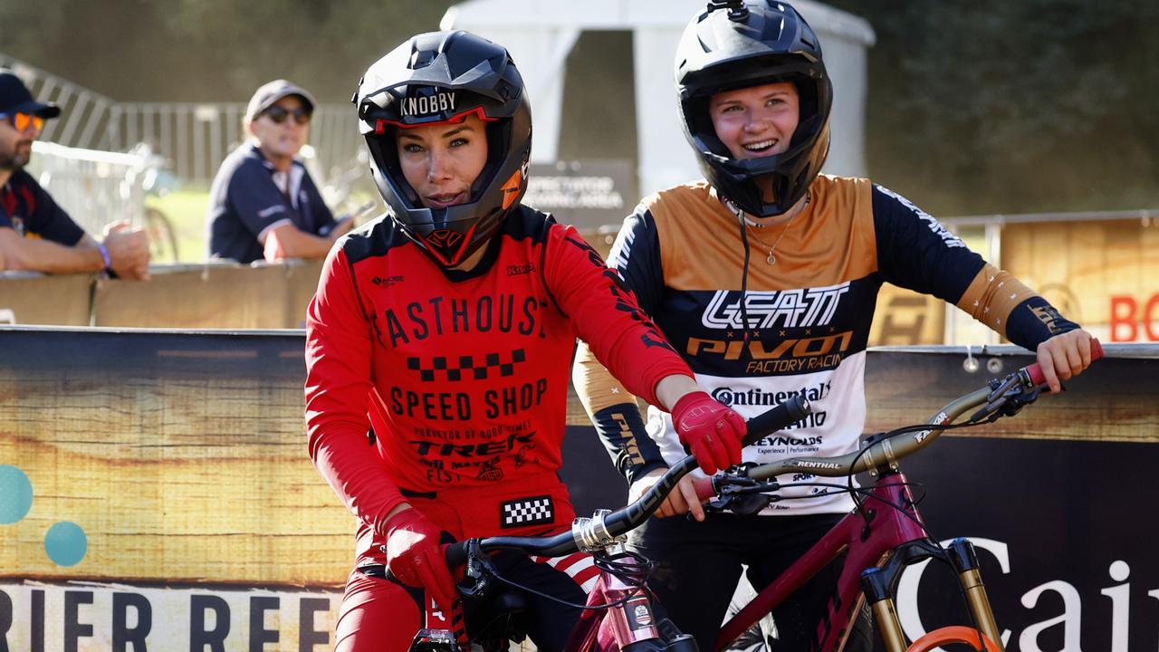 Caroline Buchanan and Jenna Hastings after competing in the Speed &amp; Style competition on Day Two of the Crankworx Cairns mountain bike festival, held at the Smithfield Mountain Bike Park. Picture: Brendan Radke