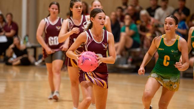 Tracy Village Falcons against the Pints Dragons in the 2023 Darwin Netball under-15 Div 2 grand final. Picture: Pema Tamang Pakhrin