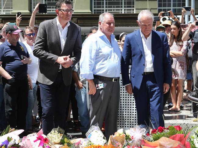(L-R) Premier Daniel Andrew, Lord Mayor Robert Doyle and Prime Minister Malcolm Turnbull at the site. Picture: Yuri Kouzmin