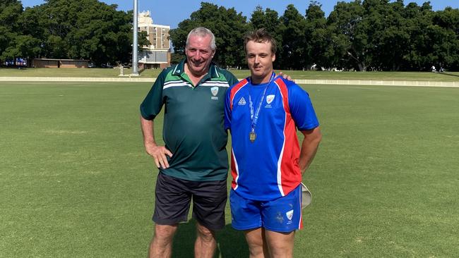 Newcastle representative cricketer Aaron Bills with Mark Curry after being awarded the Mark Curry Medal as man of the match of the final of the 2023/24 NSW Country Cricket Championships. Newcastle defeated Central Coast to claim to claim the side's fifth-straight title at Newcastle's No.1 Sportsground on December 10, 2023. Photo: Alex Pichaloff