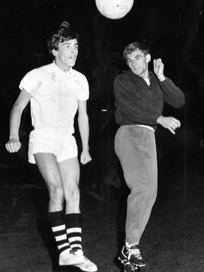 Soccer player Steve Herczeg, right, contests a header at training in 1971.                         <a class="capi-image" capiId="03d2d3db26e19476d1ad777dd4987214"></a>