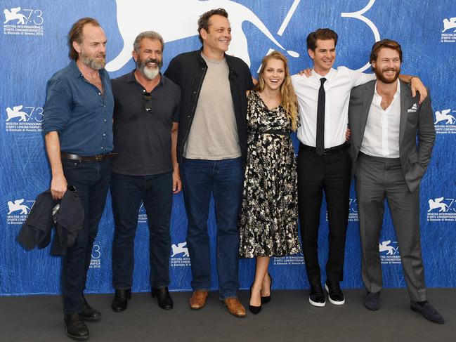 Hugo Weaving, director Mel Gibson, actor Vince Vaughn, actress Teresa Palmer, actor Andrew Garfield and actor Luke Bracey attend a photocall for ‘Hacksaw Ridge’ during the 73rd Venice Film Festival at Palazzo del Casino on September 4, 2016. Picture: Getty