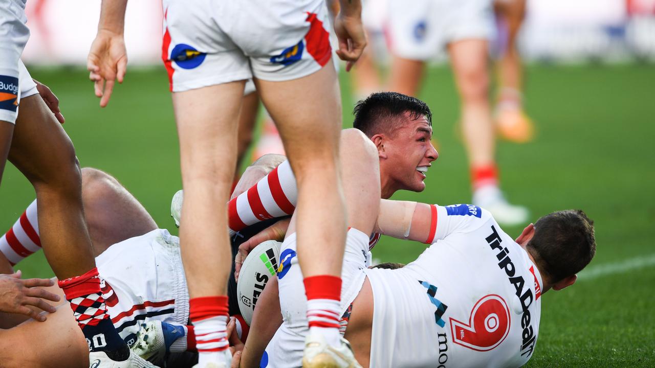 Joseph Manu celebrates one of his two tries. Picture: NRL Photos