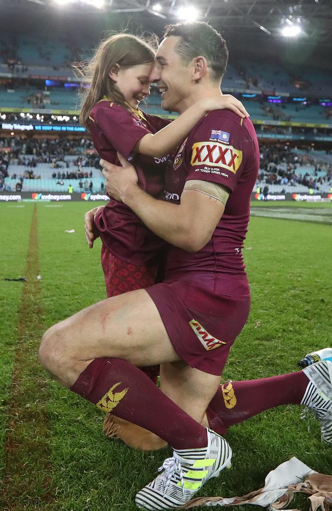 Billy Slater with his daughter Tyla Rose after Origin II. Picture: Peter Wallis