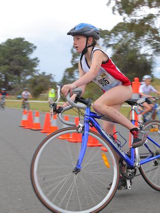 SCHOOLS TRIATHLON CHALLENGE, Bellerive Beach: Mikayla Cooper, of Collegiate competes in the bike leg of the grade 7 individual girls section