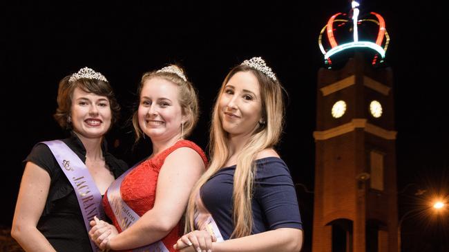 The 2016 Jacaranda Queen candidates in front of the lit up Jacaranda Crown on top of the clocktower in Prince St. While the crowning of this year’s Queen’s Party has been postponed, the clocktower will be crowned and lit up in all its glory to help keep the spirit alive this Jacaranda Season. Photo: Adam Hourigan / The Daily Examiner