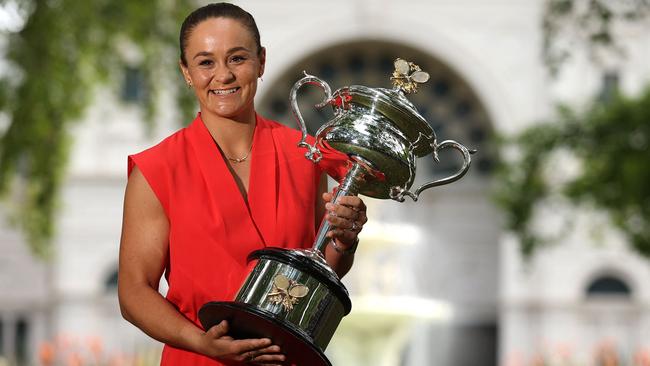 Ash Barty with the Australian Open trophy in Melbourne on Sunday. Picture: AFP