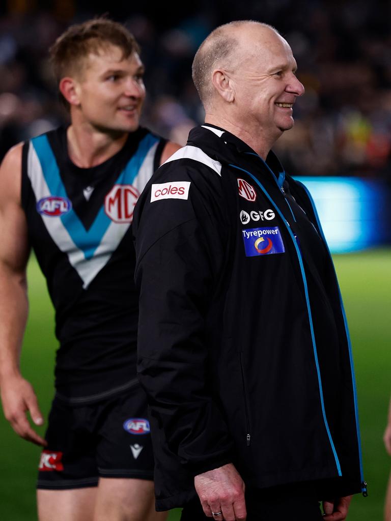 Hinkley clashed with the Hawks after his side’s three-point win. Picture: Michael Willson/AFL Photos via Getty Images